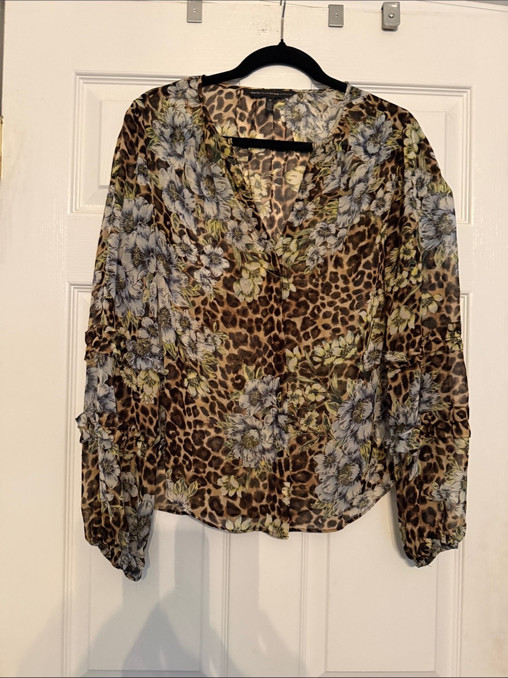 White House Black Market Brown Leopard Floral V-Neck Blouse